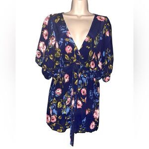 MOTHERHOOD. MATERNITY Navy Floral Tie Front Blouse Large Elastic Under chest